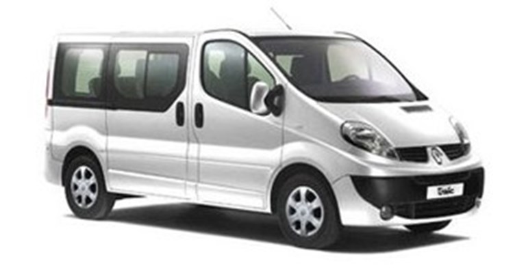 Silver minibus stood ready for hire.