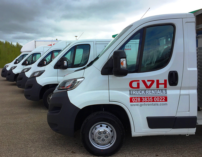The large fleet of Gilford Van Hire trucks ready for rental in Portadown.